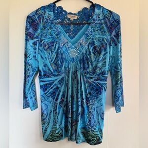 ONE WORLD Vibrant Blue and Teal Women's Blouse 90s / Y2K style size small